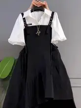アシンメトリーデザインのフリル付きブラウスとサスペンダースカート【大きいサイズ・お腹隠し・ファッション】（セットアップ対応）