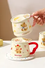 かわいいデザインのマグカップ【蓋付き・陶器製・オフィス用・コーヒーにも最適】