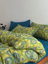 リネン風デザインのダブルレイヤー掛け布団カバー【全棉・緑色・ひまわりモチーフ】（セットアップ対応）