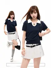 ポロ襟の配色半袖Tシャツ【女性用・ウエストシェイプ・夏用】