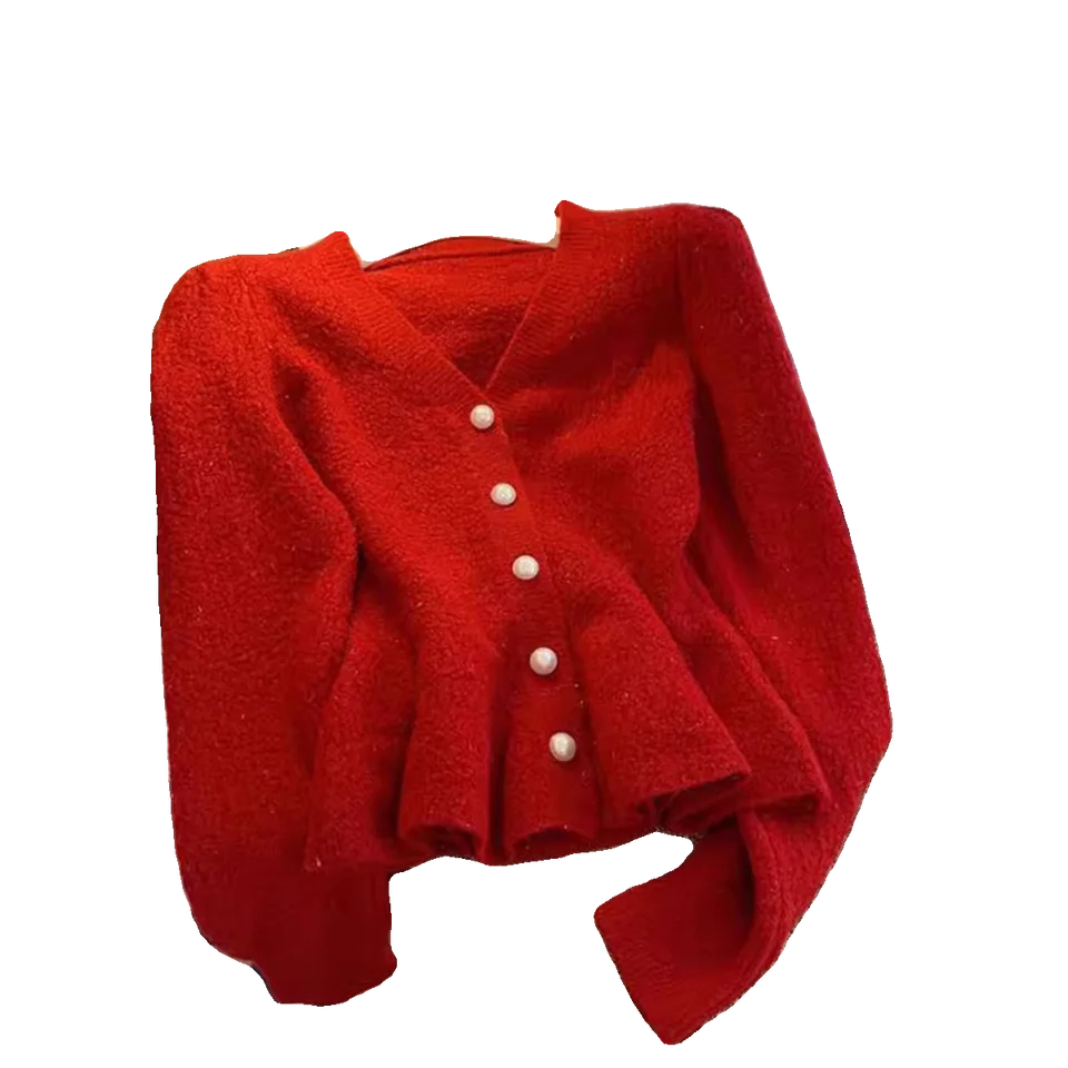 短丈エレガントニットカーディガン【秋冬用・フィッシュテールデザイン・ウエストマーク】