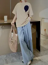 爽やかな天青色のハイウエストワイドレッグデニムパンツ【ダブルプリーツ・ストレート・伸縮ウエスト】