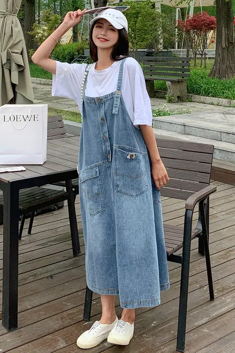 デニムサロペットワンピース【夏用・ゆったりフィット・ロングスカート】（セットアップ対応）