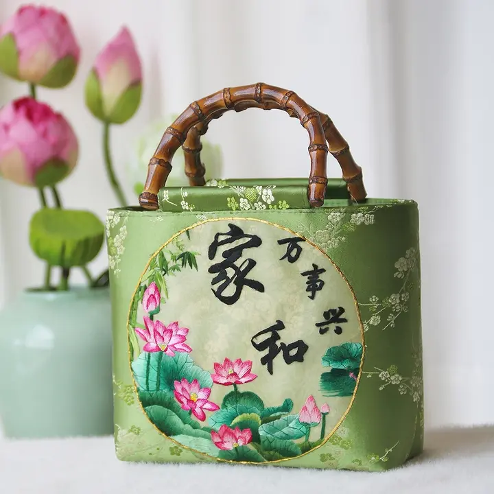 手提げ式竹節デザイン刺繍トートバッグ【中国風・一肩掛け・花柄】