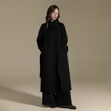 高級感あふれるダブルフェイスカシミヤコート【立襟・ウエストベルト・ロング丈・秋冬用】