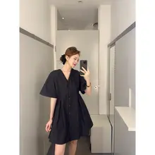 Vネックボタンデザインのシャツワンピース【ウエストマーク・Aライン・黒・長袖】（セットアップ対応）