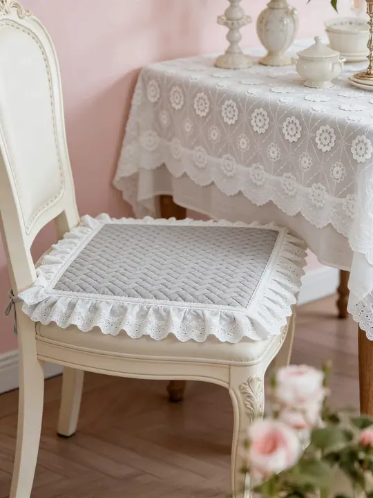 刺繍レース付き防滑クッション椅子マット【コットン製・リバーシブル・取扱簡単】（セットアップ対応）