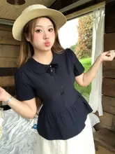 学院風アイス感覚のドールカラーブラウス【ウエストシェイプ・短袖・大きいサイズ対応】