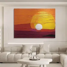 日出風景の手描き油絵【モダンシンプル・リビングルーム用・横幅デザイン】