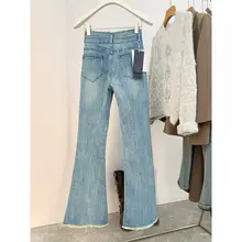 ヴィンテージ風ウォッシュ加工フレアデニムパンツ【ハイウエスト・ストレッチ・ロング丈】（セットアップ対応）