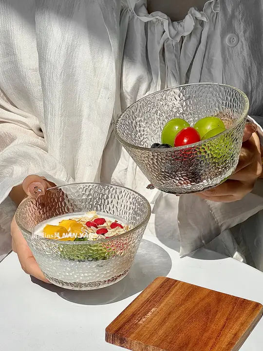 ハンスタイルのくしゅくしゅデザインガラスボウル【デザート・朝食用・オートミール・フルーツサラダ・アイスクリーム・燕の巣用】