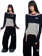 デザイン性のある重ね着風長袖ニットトップス【女性用・細身・色の重なり】（セットアップ対応）
