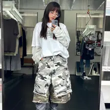 PANQ アメリカンレトロ風プリント長袖Tシャツ【ユニセックス・カジュアル・レイヤード風】