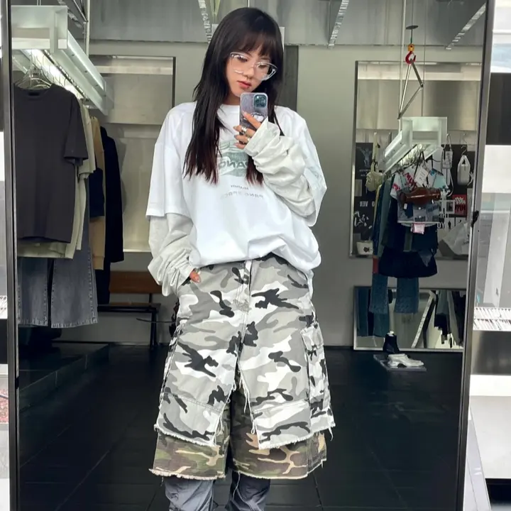 PANQ アメリカンレトロ風プリント長袖Tシャツ【ユニセックス・カジュアル・レイヤード風】