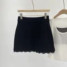 黒色ハイウエストスカート【レース切り替え・ぴったりフィット・Aライン】