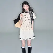星芒の小馬デザイン コットン混合ドット柄 手描きプリントのラグランショートスリーブTシャツ