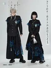 ビンテージ風プリント刺繍長袖シャツとワイドパンツ【ユニセックス・ゆったりシルエット】（セットアップ対応）