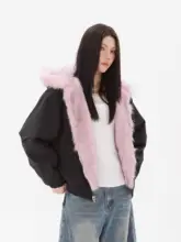 粉色のダウンパーカ【両面着用・フード付き・厚手・女性用】