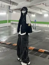 ゆったりとしたシルエットのヒップホップ・工装パンツ【グリーン・女性用・束脚デザイン】