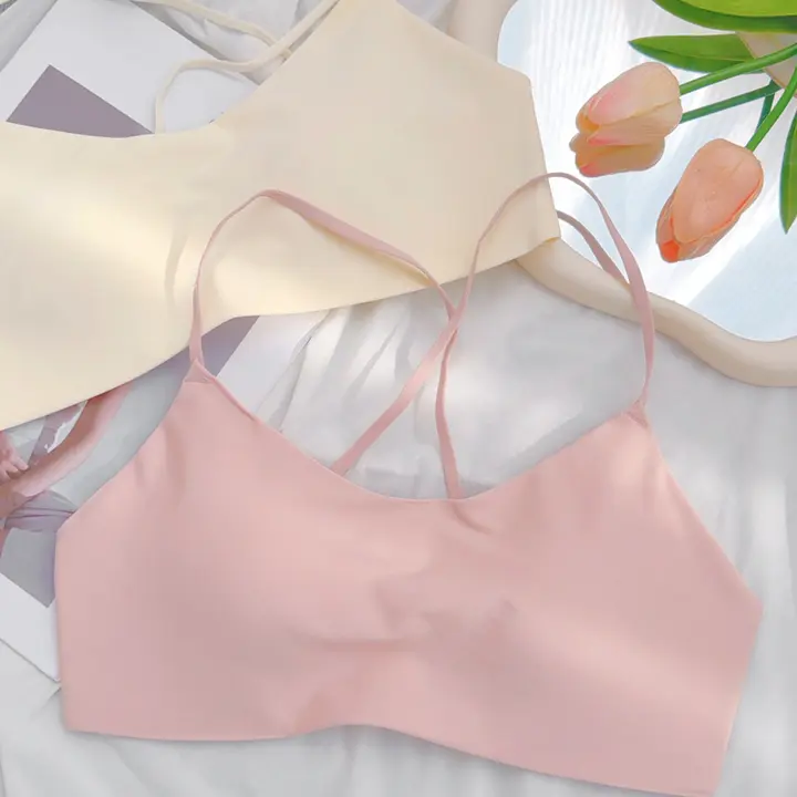 ブラジャー レディース 一体型 細ストラップ クロスバック シームレス 美背 ABカップ 薄手 小胸 寄せ上げ ベージュ 秋