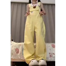 夏用デニムサロペットパンツ【淡いイエロー・ストレートワイド・女性用・可愛いデザイン】（セットアップ対応）