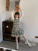 sinsingirl ヴィンテージ風ドールカラーチェック連衣裙【ラウンドネック・フリルレイヤー・背中開き】