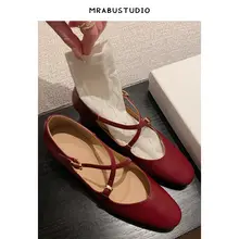 真皮製 ボルドーカラーのクロスベルトマリジェンシューズ【ローヒール・ドレススタイル】