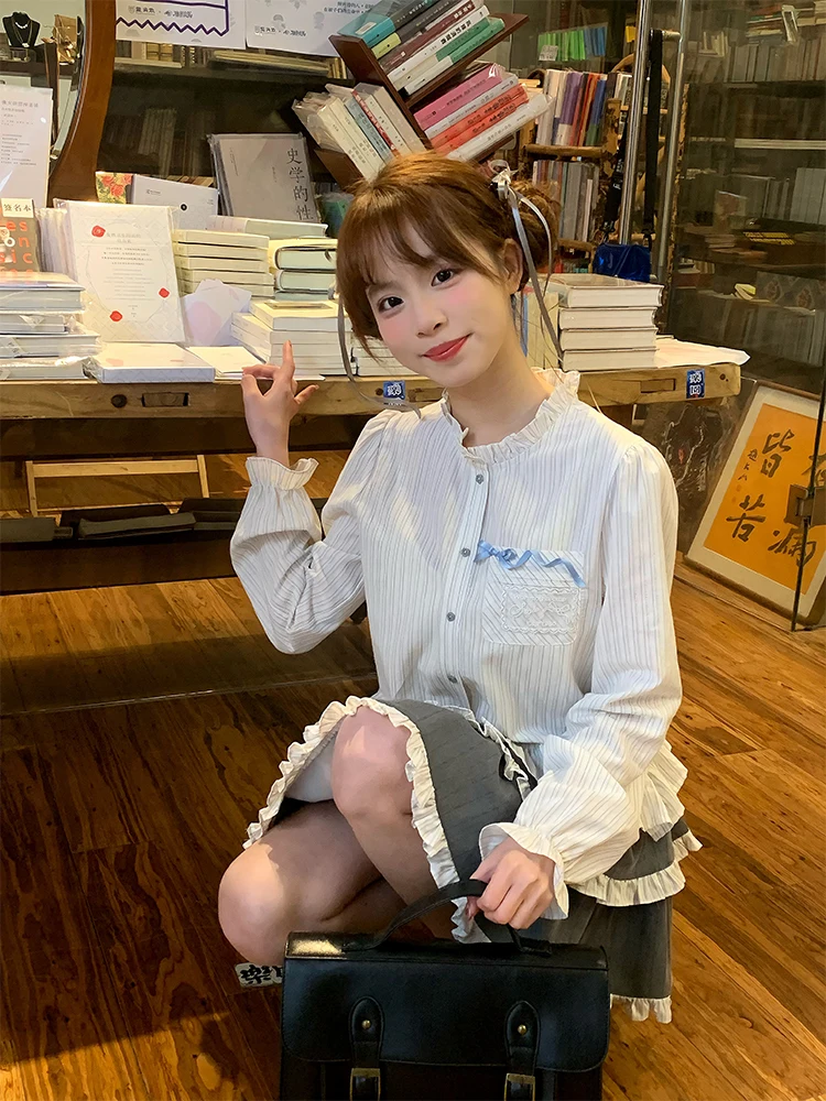 春用小披肩とストライプブラウス、スカートの三点セット（セットアップ対応）