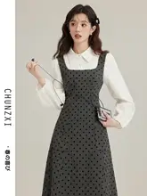 春のビンテージ風ドット柄サロペットワンピース【シャツ付き・高級感・春用】（セットアップ対応）
