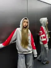 アメリカンヴィンテージスタイル カラーブロックのルーズフィットフード付きパーカー【カップル向け・フリース裏地・長袖】（セットアップ対応）