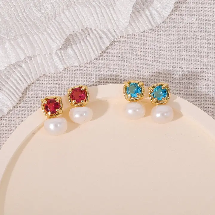 淡水パールのイヤリング【復古風・海洋ブルーのジルコン・エレガントデザイン】