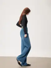 高腰広脚デニムパンツ【秋冬用・ストレート・ルーズフィット・深いブルー】