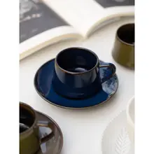 レトロデザインの陶器製ラテカップ【宝石のようなブルー・コーヒーカップと受け皿】