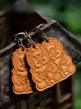 手作り本革キーホルダー【牛革・黄财神デザイン・植鞣皮】