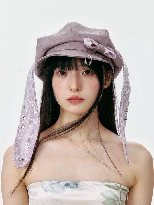 鉛筆リボン付きバニー耳の帽子【春夏秋用・ストリートスタイル・キャスケット】
