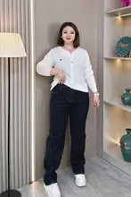 レトロスタイルのハイウエストデニムパンツ【大きいサイズ・スリムフィット・ストレートタイプ】（セットアップ対応）