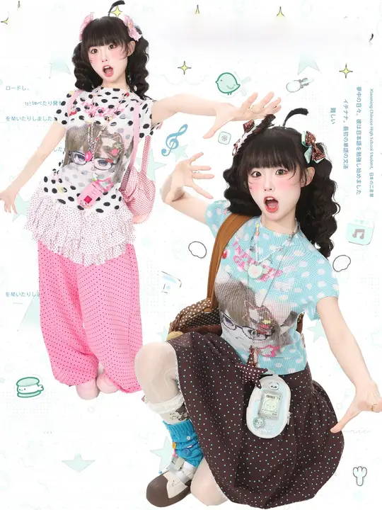 ドット柄プリントの皺加工ショートTシャツ【女性用・夏季・タイトフィット】