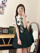 夏用ウエスト絞りデザインのモスグリーンJK制服風ワンピース【学院風・半袖】