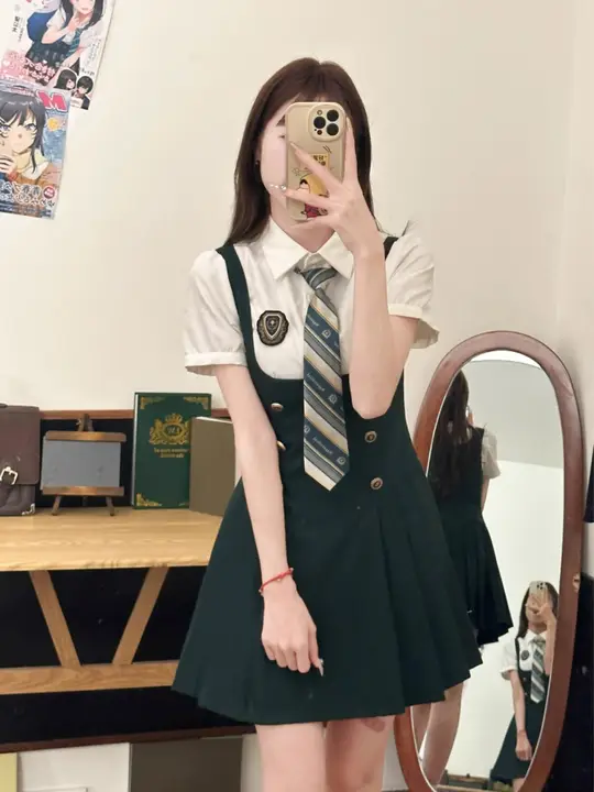 夏用ウエスト絞りデザインのモスグリーンJK制服風ワンピース【学院風・半袖】
