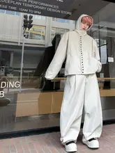 春用ボタンデザインジャケット【カジュアル・フード付き・クレープ素材】とワイドパンツ（セットアップ対応）
