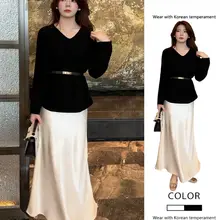 秋の新作エレガントなVネック長袖ブラウス【ルーズフィット・ウエストベルト付き】とスカート（セットアップ対応）