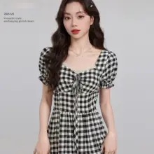 夏用レース切替チェック柄Aラインワンピース【特徴的なウエストデザイン・女性用】