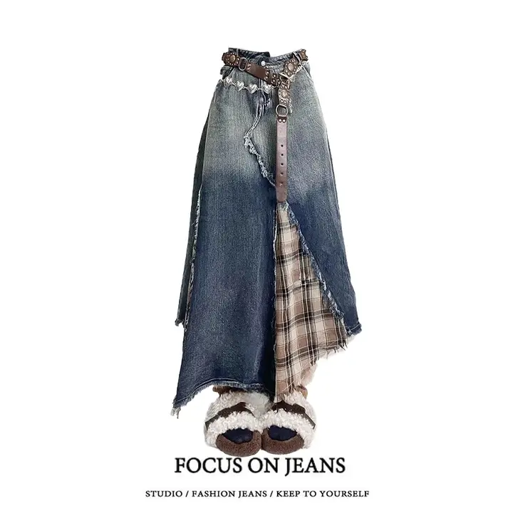 Y2Kチェック柄のグラデーション不規則デニムミディスカート【ハイウエスト・Aライン】