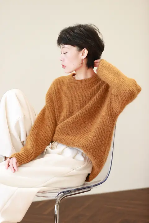 ビンテージスタイルのオレンジウールモヘアニットセーター【厚手・フィット・冬用】