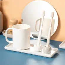 衛生的で便利！陶器製 洗面所歯ブラシスタンド【カップホルダー付き・電動歯ブラシ対応】