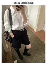 ワイドショーパンツ レディース コーデュロイ フレンチ風 ヴィンテージ ウエストマーク 着痩せ シンプル ベーシック ネイビー 秋冬「SRK」