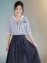 春夏用ストライプPOLOシャツ【学院風・短袖・女性用・シルエットを引き立てるデザイン】