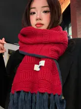 赤いフリンジニットスカーフ【冬用・保温・防寒】（セットアップ対応）