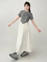 ポルカドットのロングスカート【春夏用・体型カバー・ミディアムウエスト・レディース】（セットアップ対応）