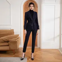 シンプルで洗練されたデザイン！ネイビーウールスーツジャケット【女子大学生用・面接スタイル・パンツ付き】（セットアップ対応）